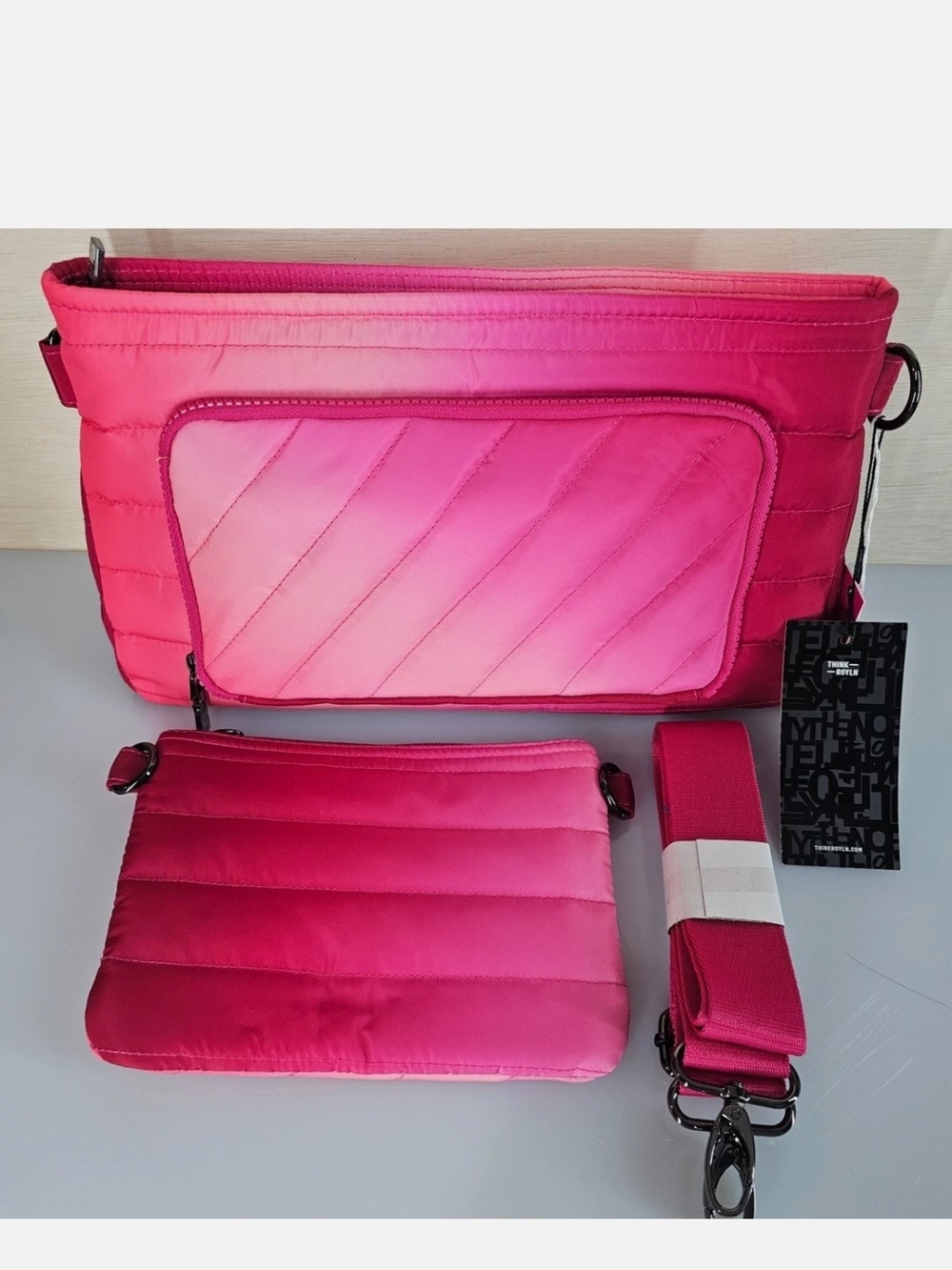 New Think Royln Bank Street XL TrPink Quilted Crossbody Bag with Removable Pouch